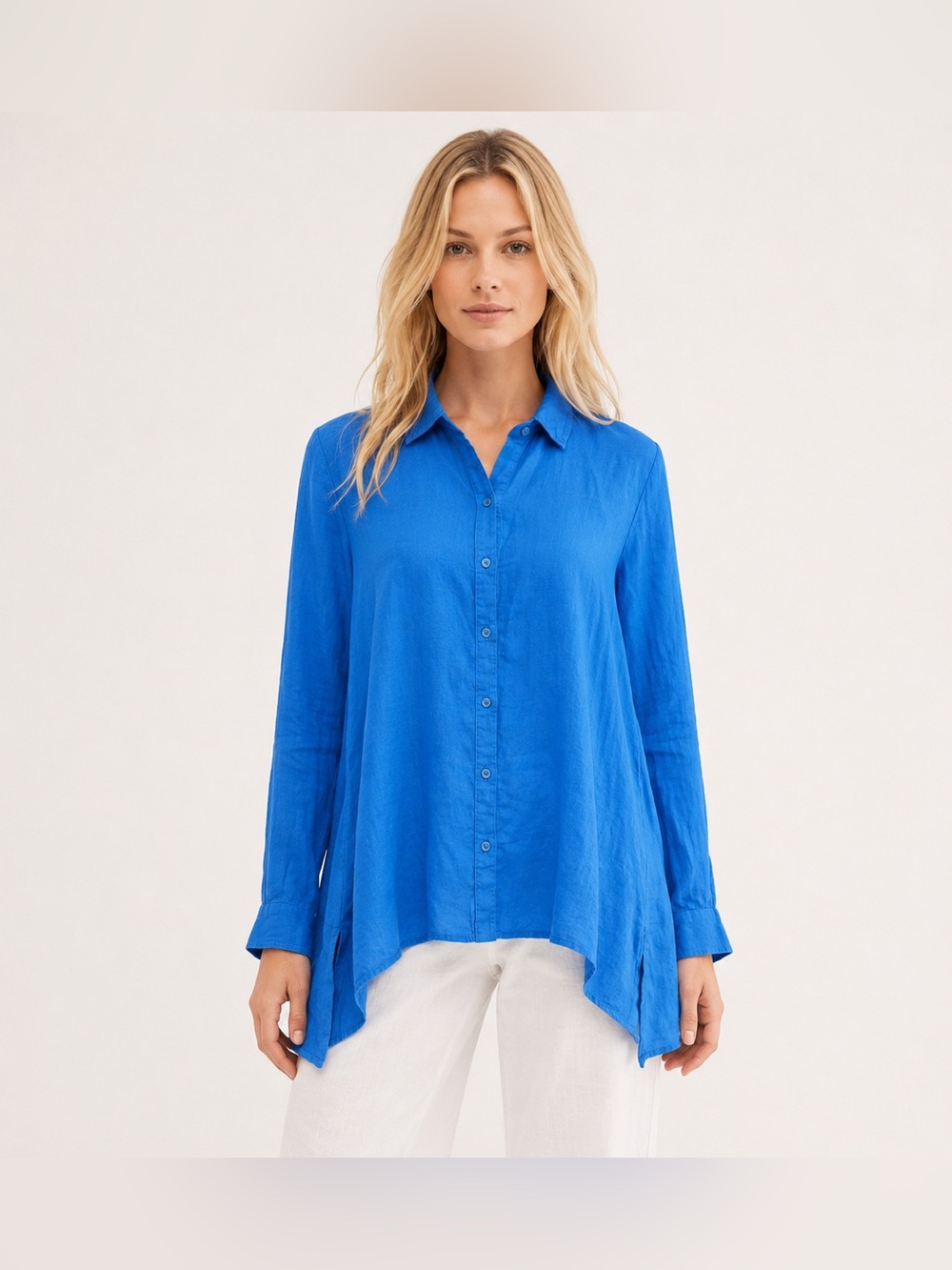 Eileen Fisher Organic Irish Linen Relaxed Button-up Tunic Top Long Sleeve Sz XS
